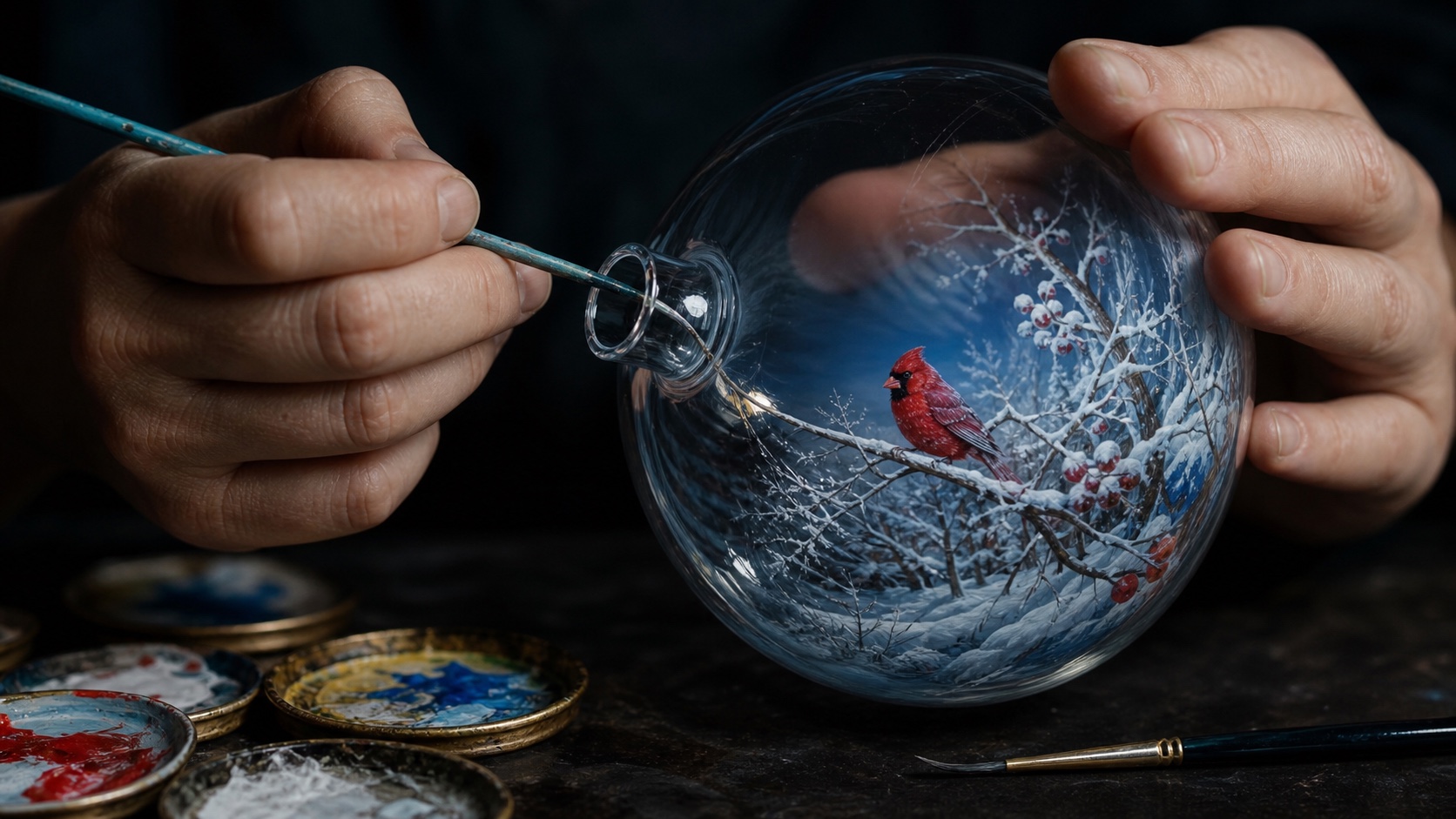 Hands using an angled brush to paint a winter cardinal scene inside a glass Christmas ornament